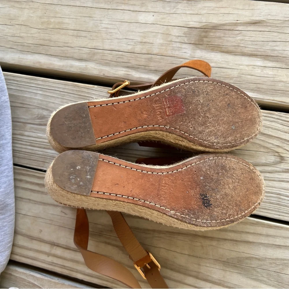 Chloe Lauren 40 Brown Suede Espadrille Wedge Sandals Cognac ankle wrap platform